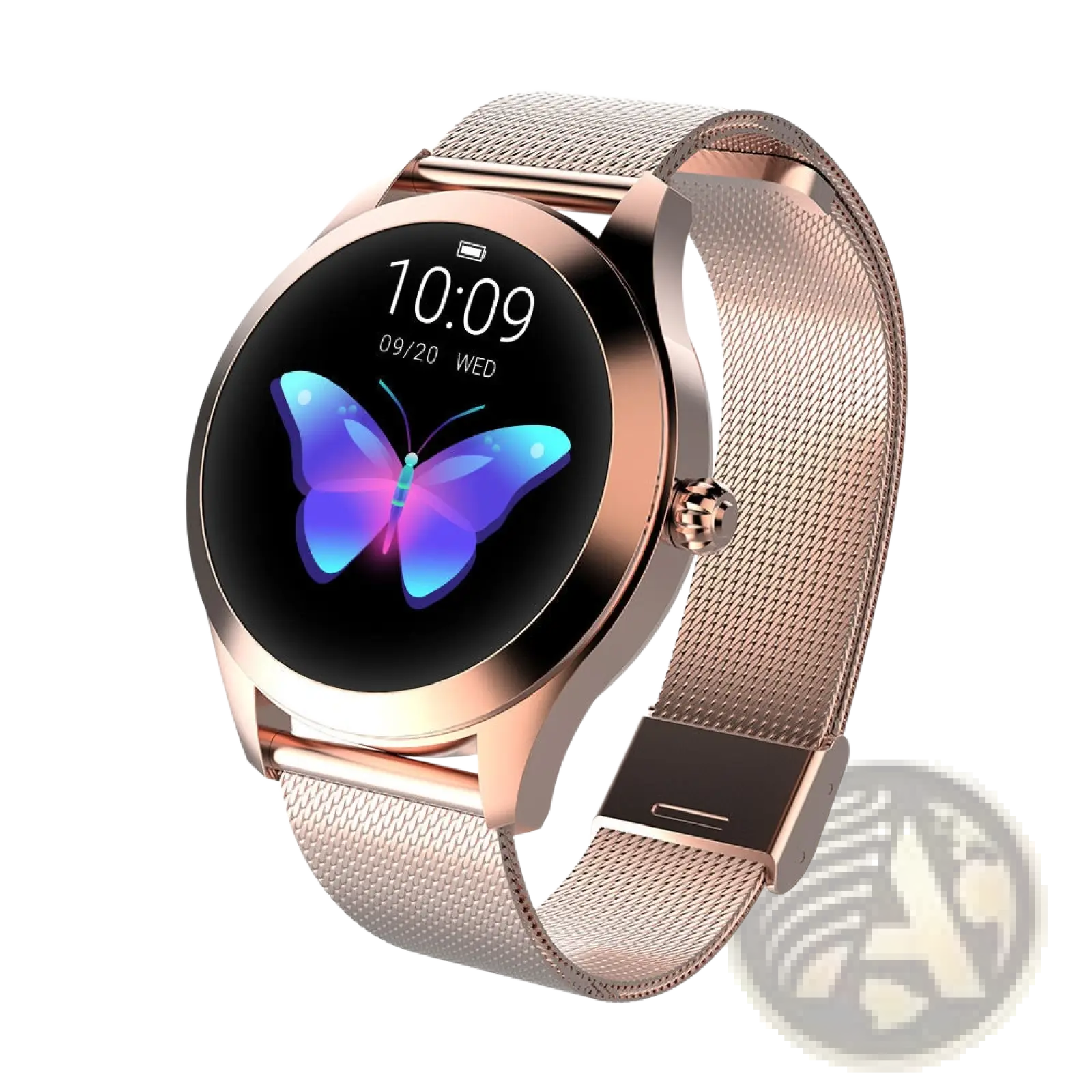 Kw10 Pro women rose gold mesh smartwatch with circular screen displaying glowing blue and purple butterfly dial