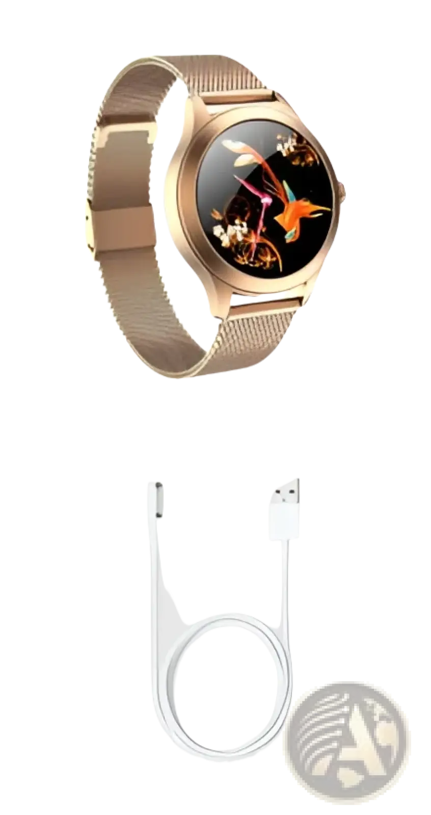 Kw10 pro women rose gold mesh smartwatch with black face featuring orange fish and white floral butterfly dial design