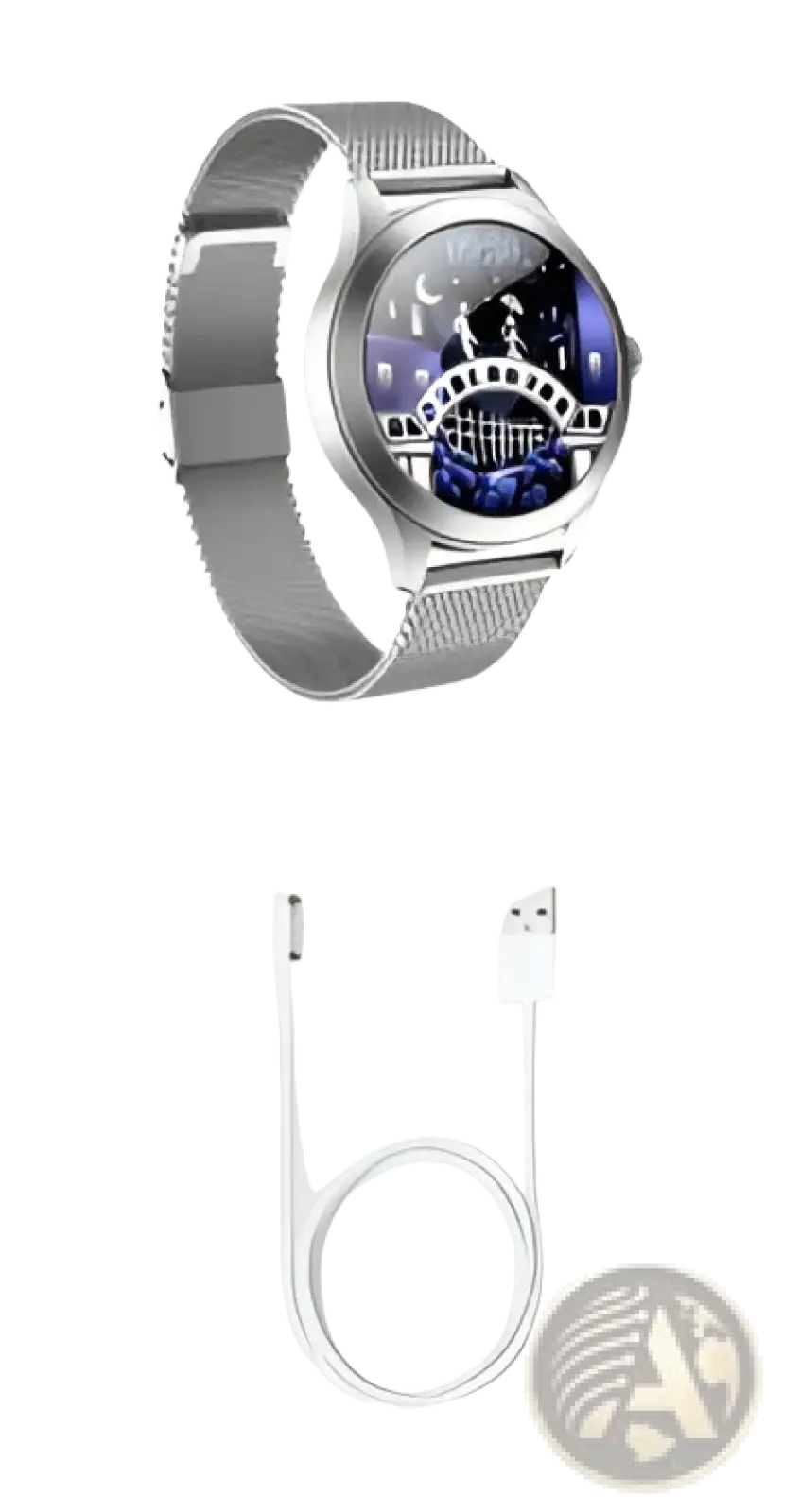 Kw10 Pro women rose gold mesh smartwatch with silver mesh band and purple black digital castle dial display