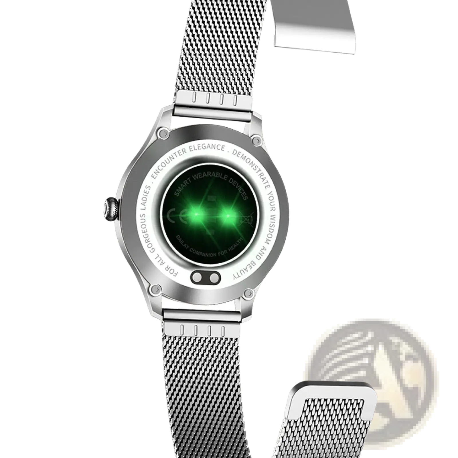 Kw10 pro women rose gold mesh smartwatch with silver mesh strap glowing green circular butterfly dial and engraved case text