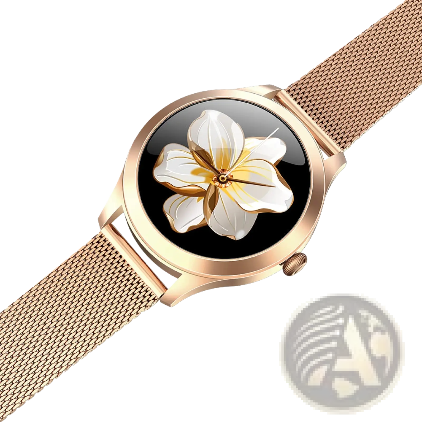 Kw10 pro women rose gold mesh smartwatch with metal band and black dial featuring white and pale yellow butterfly petals