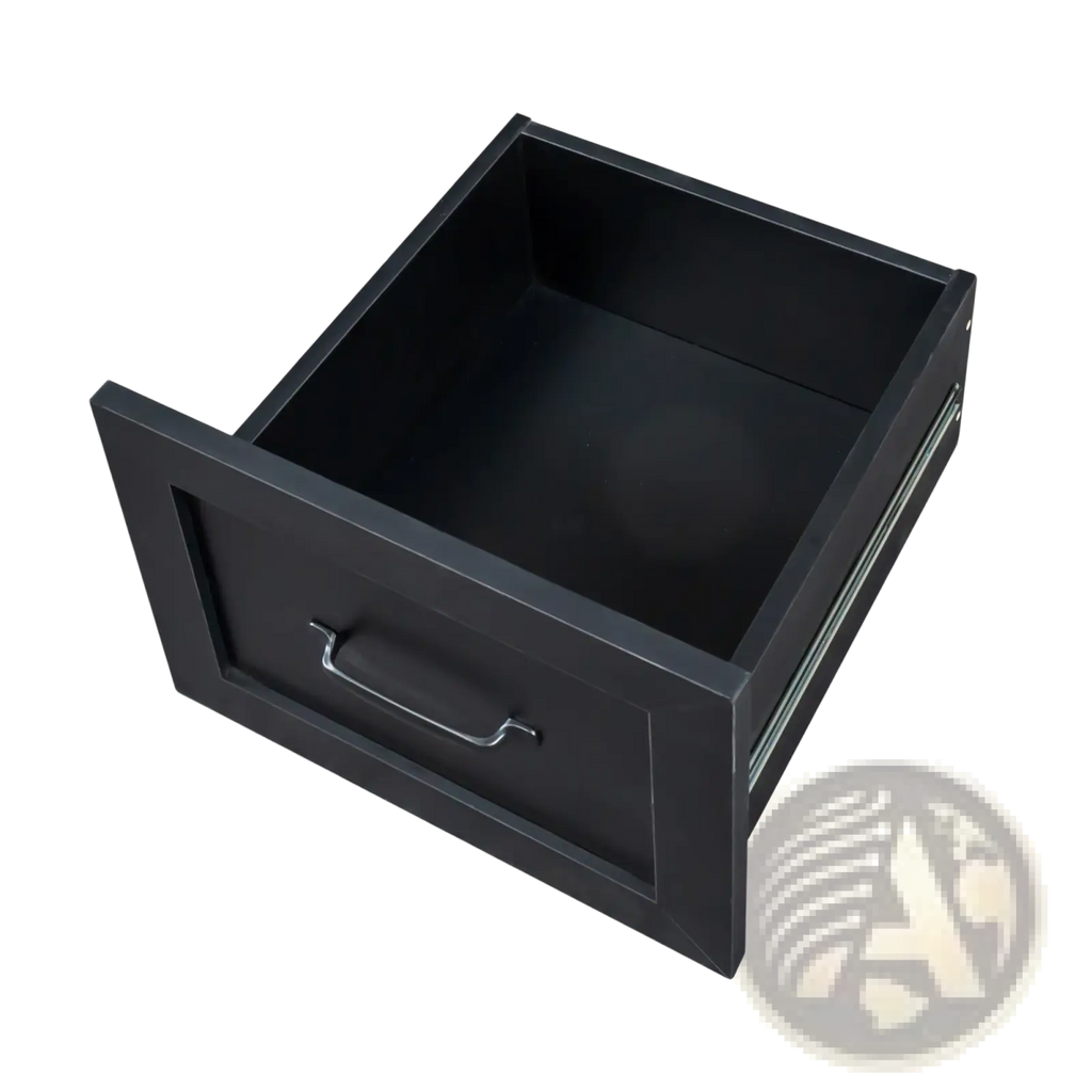 Black drawer with silver metal handle as part of an l-shaped computer desk with hutch and drawers