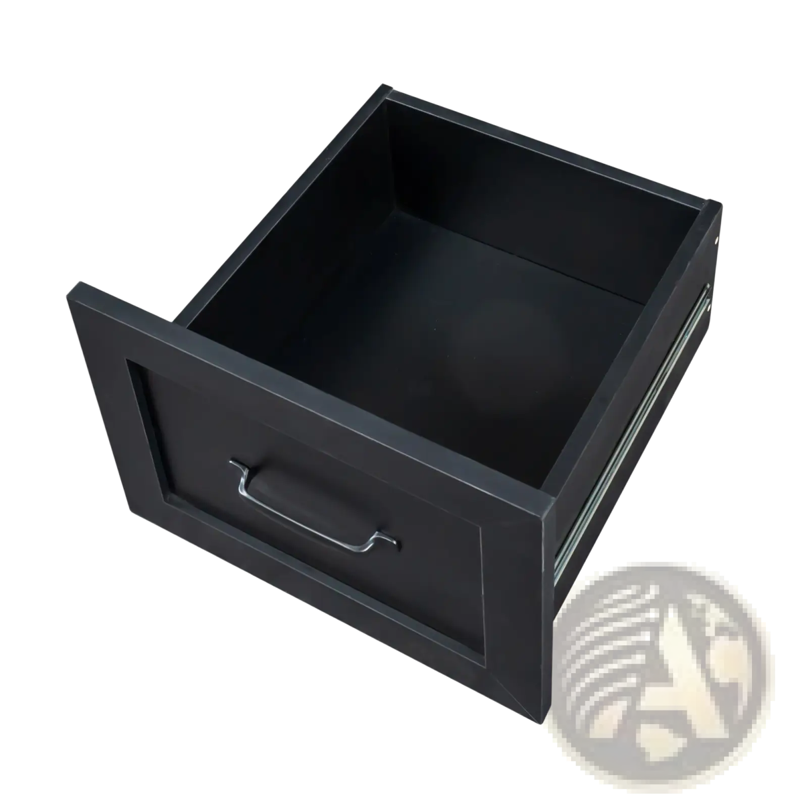 Black drawer with silver metal handle as part of an l-shaped computer desk with hutch and drawers