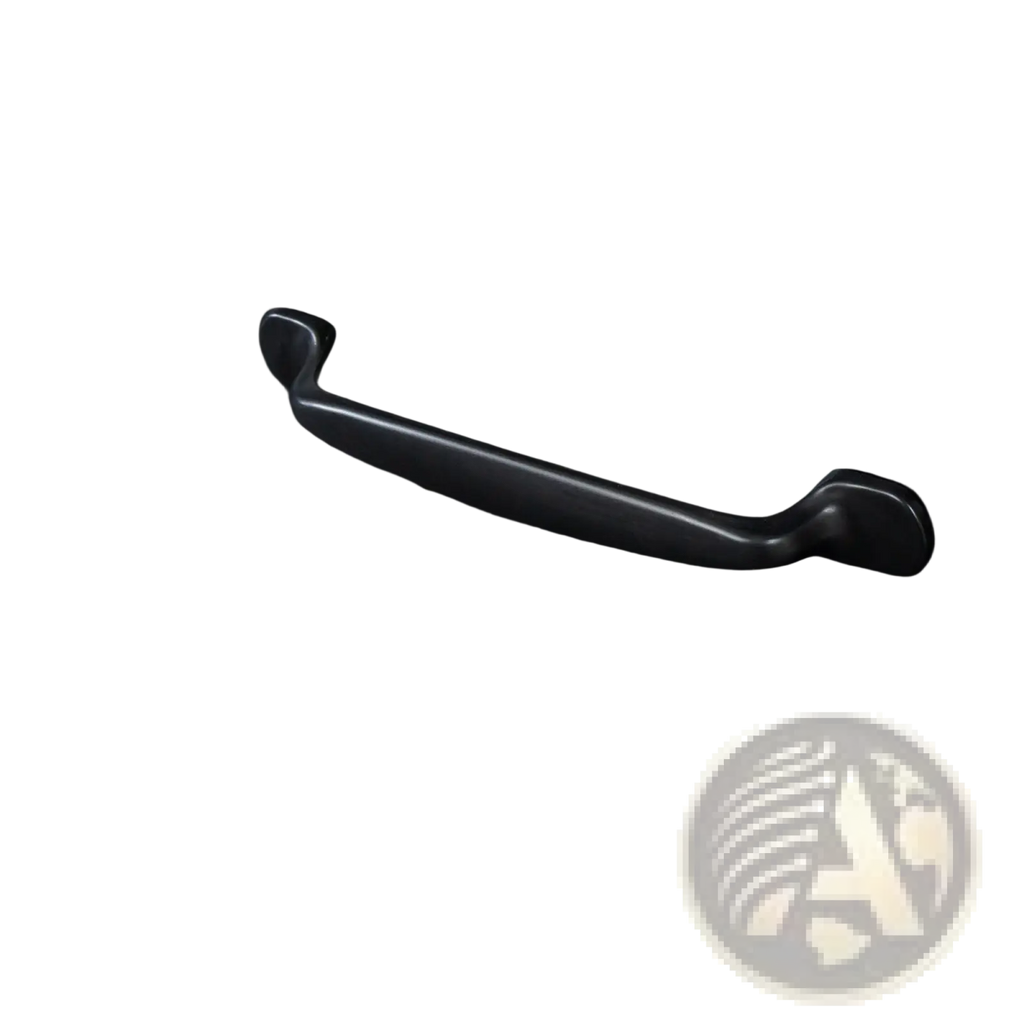 Black matte metal drawer pull with sleek modern design on l-shaped computer desk with hutch and drawers