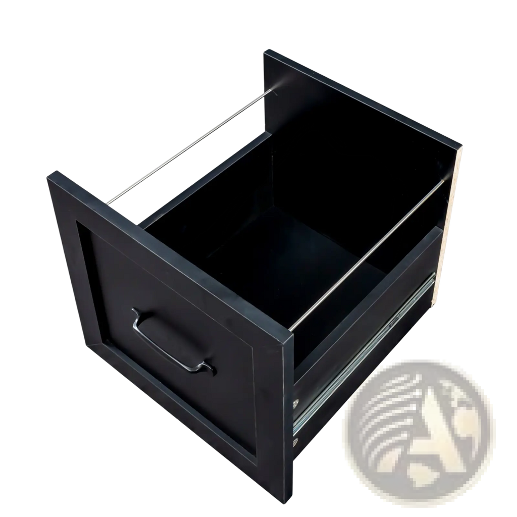 Black metal file drawer with sleek modern design and silver-toned hardware in l-shaped computer desk with hutch and drawers