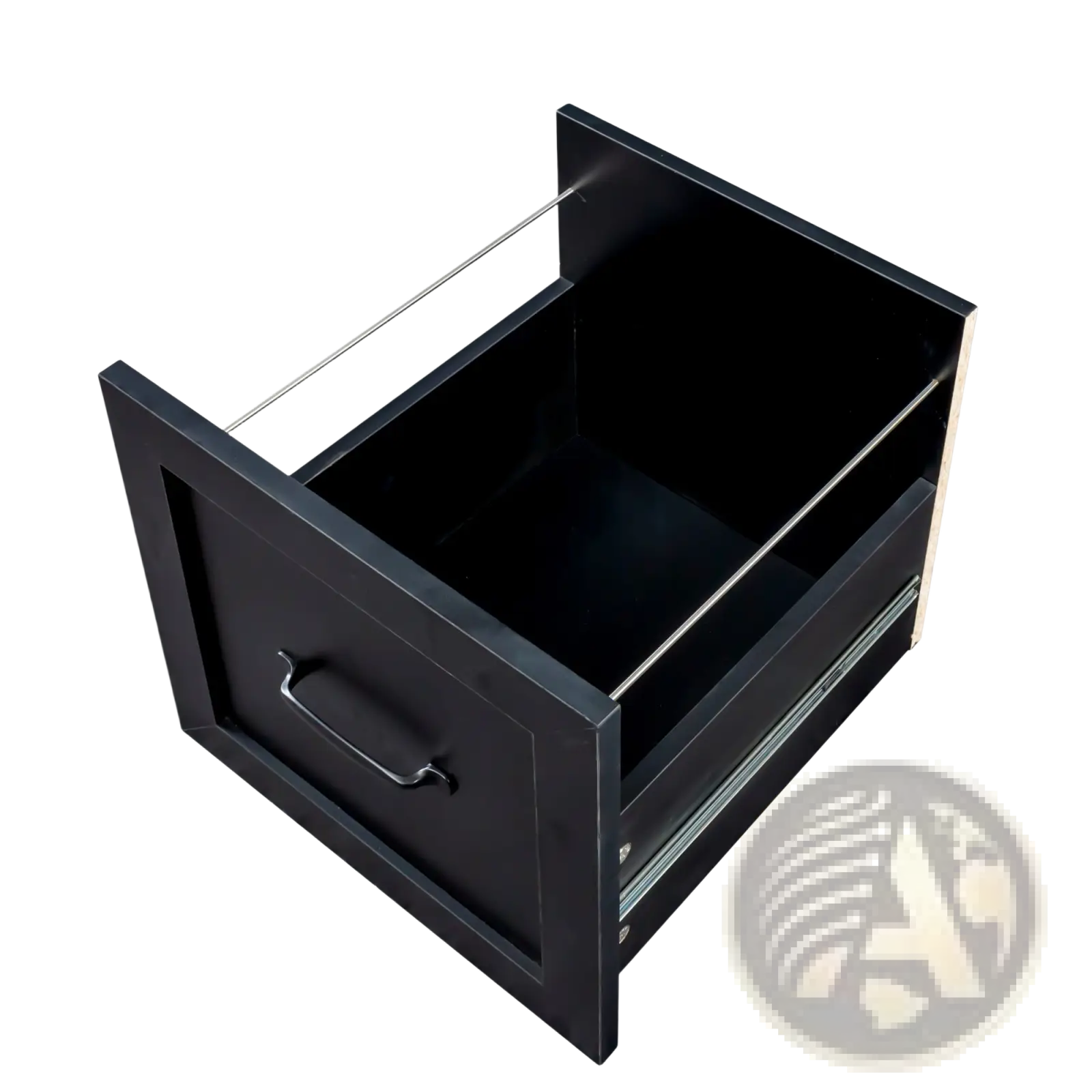 Black metal file drawer with sleek modern design and silver-toned hardware in l-shaped computer desk with hutch and drawers