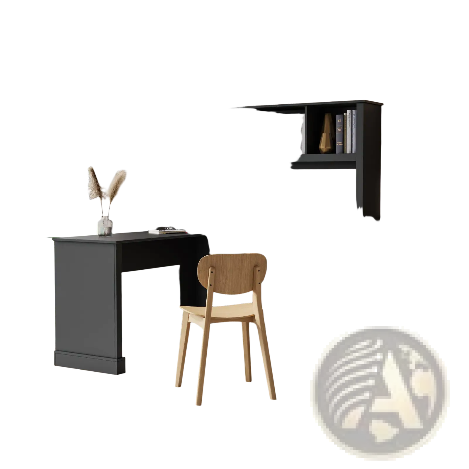 Modern black l-shaped computer desk with integrated bookshelf and drawers featuring minimalist design and sturdy material