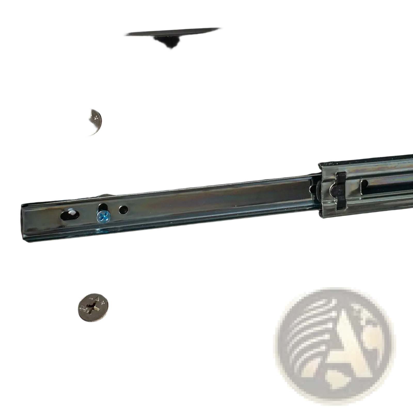 Silver metal drawer slide with blue lubricant dot on black panel at the back side of l-shaped computer desk with hutch and drawers