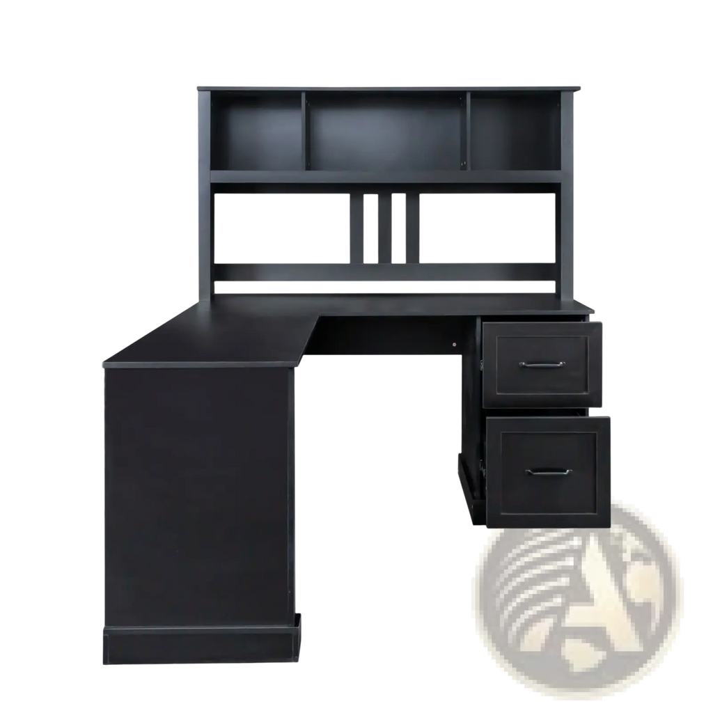 Black l-shaped computer desk with matching hutch featuring three shelves vertical slats and two right-side drawers