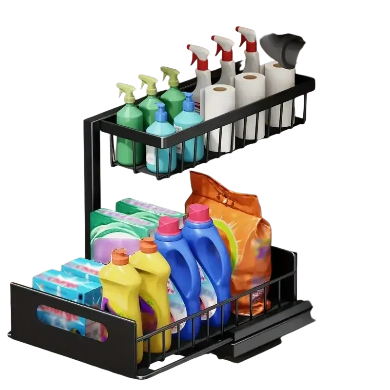 Black metal two-tier l-shaped sink organizer for kitchen bathroom cabinet with sliding under-sink storage design