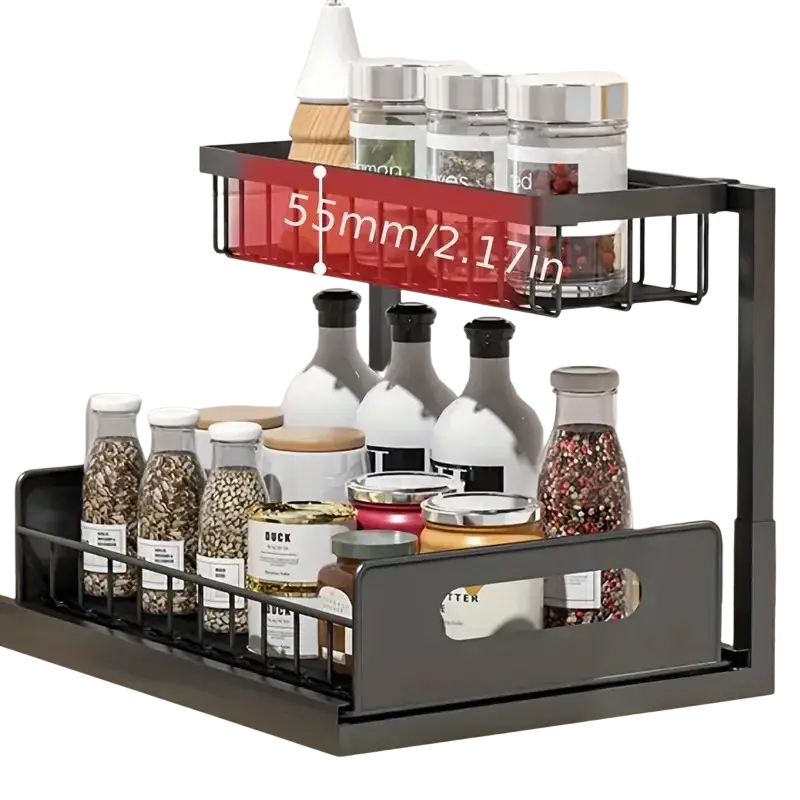 Black metal two-tier l-shaped sink organizer with red accent panel for kitchen bathroom cabinet storage