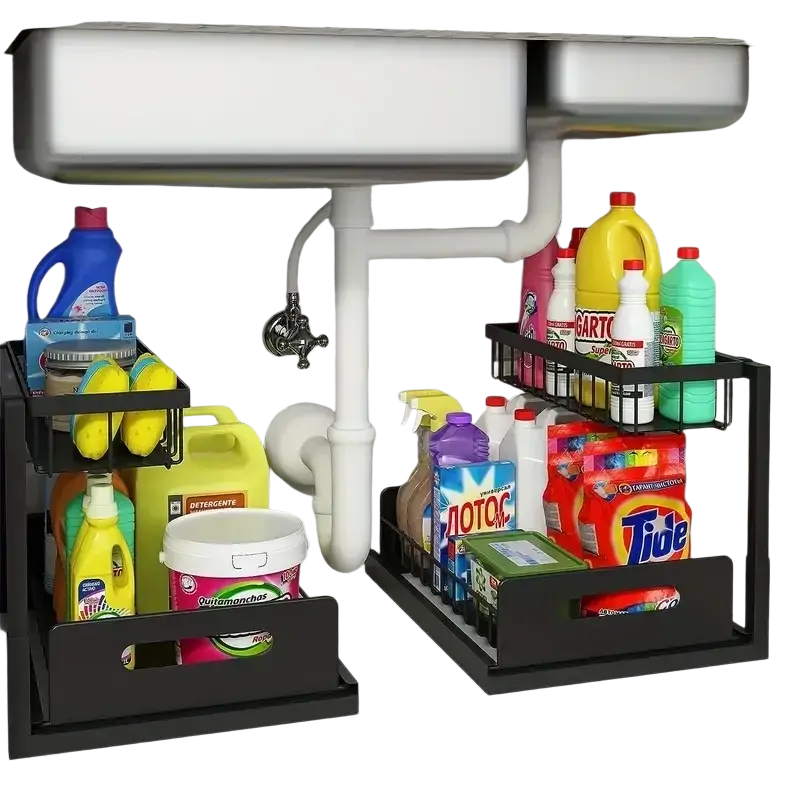 Black metal two-tier l-shaped sink organizer holding cleaning supplies for kitchen bathroom cabinet storage