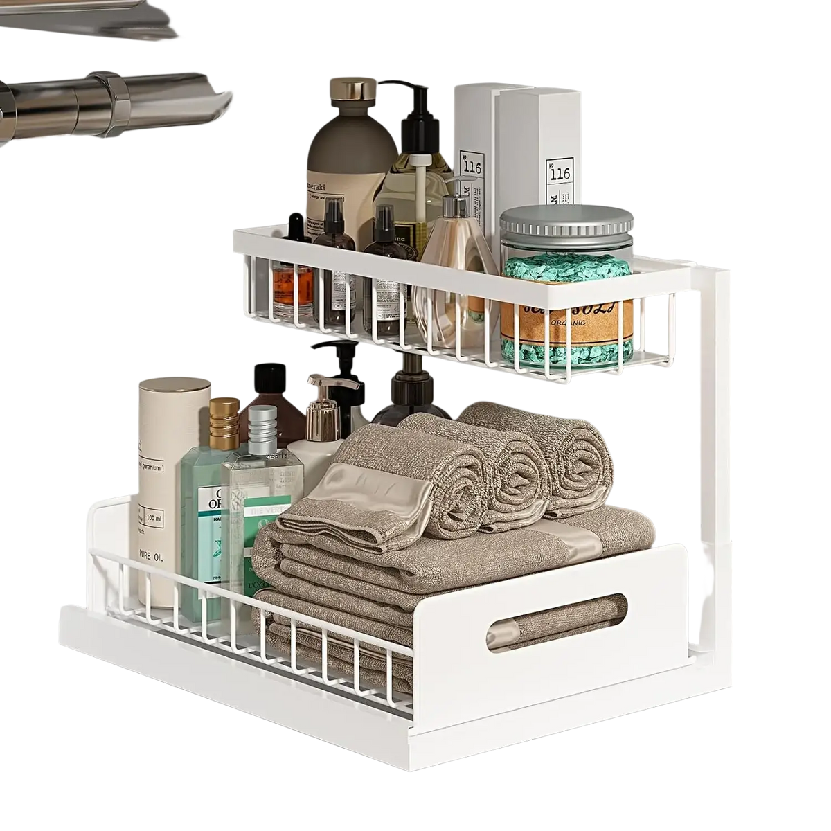 White two-tier wire sink organizer with handle for kitchen bathroom cabinet holding towels and toiletries