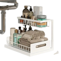 White two-tier wire sink organizer with handle on bottom shelf for kitchen bathroom cabinet storage of towels and toiletries