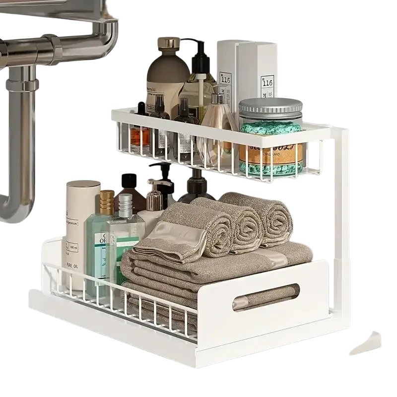 White two-tier wire sink organizer with handle on bottom shelf for kitchen bathroom cabinet storage of towels and toiletries