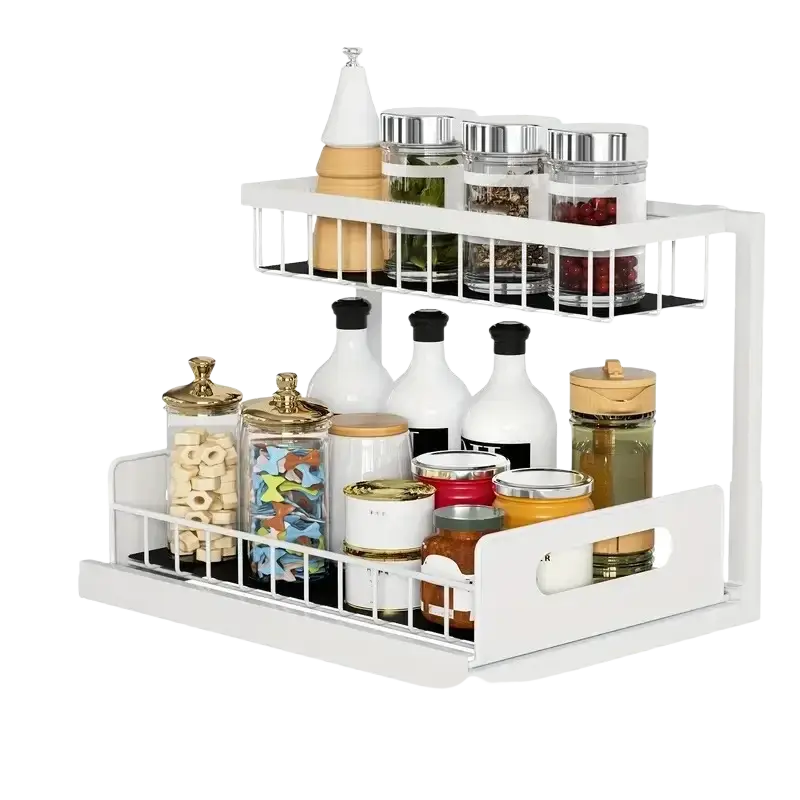 White two-tiered wire mesh spice rack with wooden handle designed as an l-shaped sink organizer for kitchen bathroom cabinets