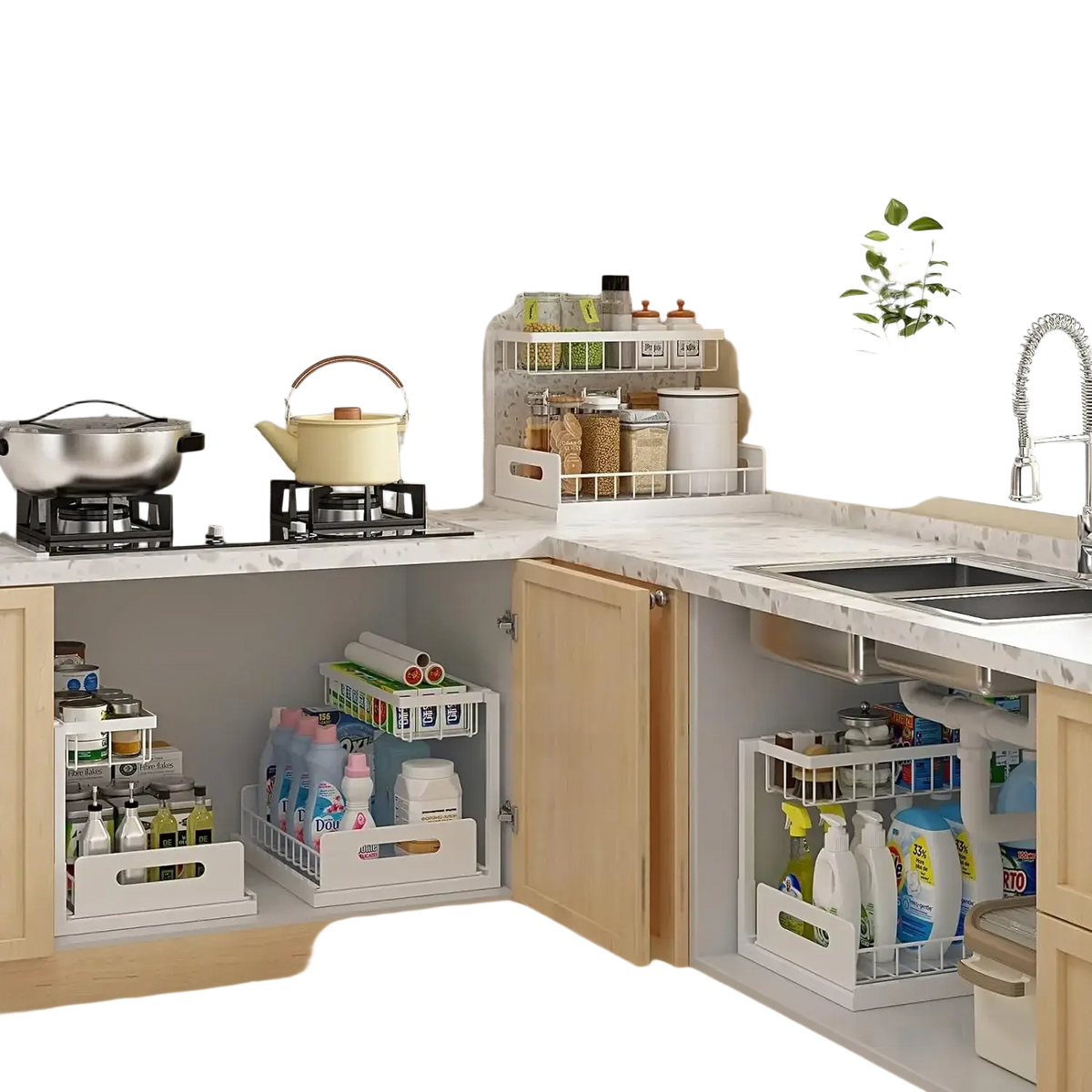 White wire l-shaped sink organizer with multiple tiers holding jars for kitchen bathroom cabinet storage