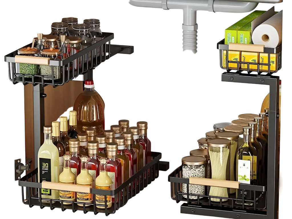 Black metal pull-out spice and bottle organizer with wooden handles for adjustable height l-shaped under sink use