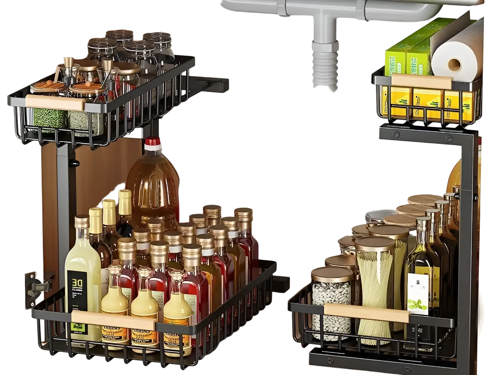 Black metal pull-out spice and bottle organizer with wooden handles for adjustable height l-shaped under sink use