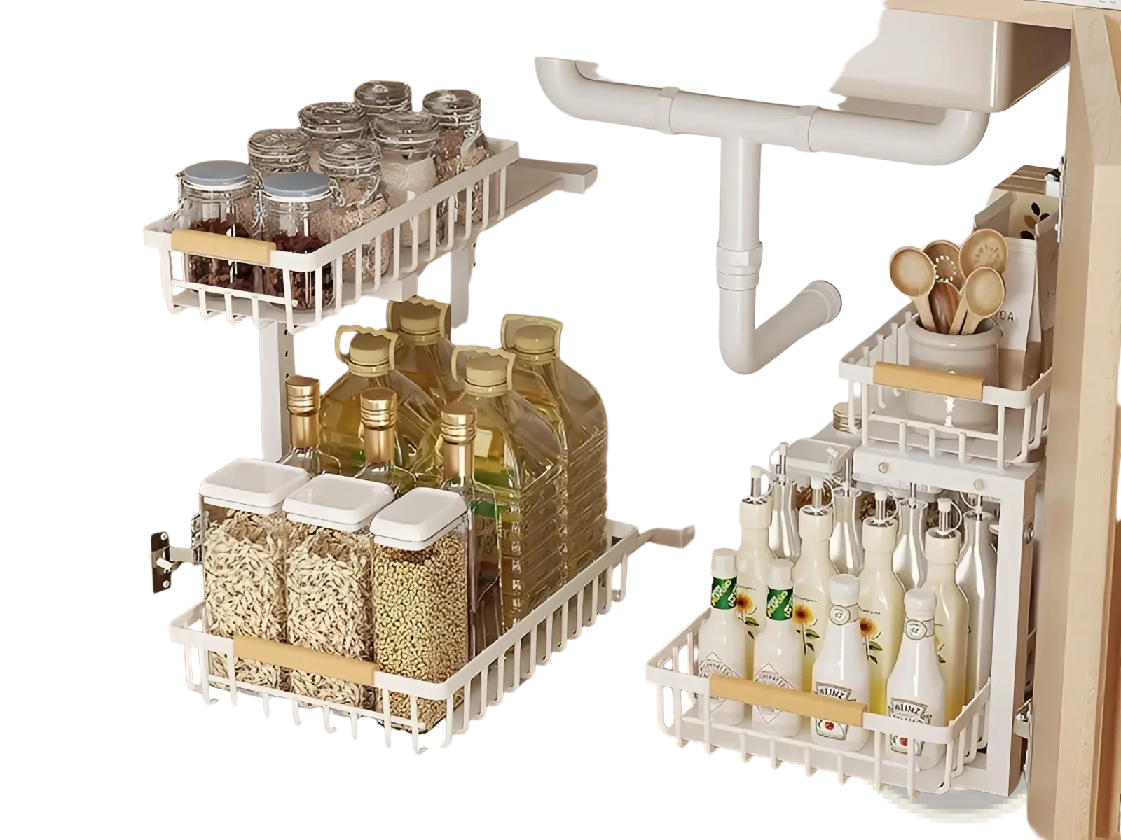 White metal l-shaped under sink organizer with adjustable height featuring white plastic racks and wooden handles