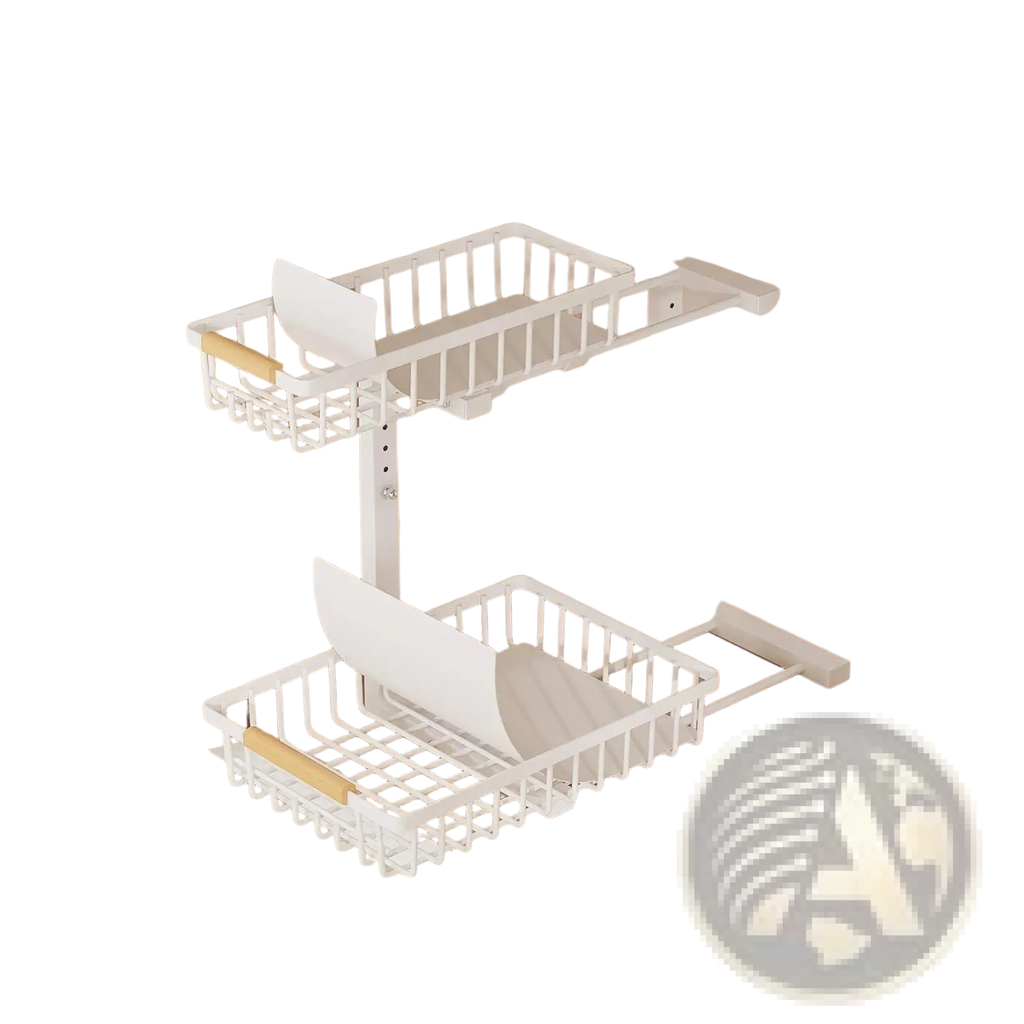 White metal l-shaped under sink organizer with two tier pull out rack and wooden handles adjustable height