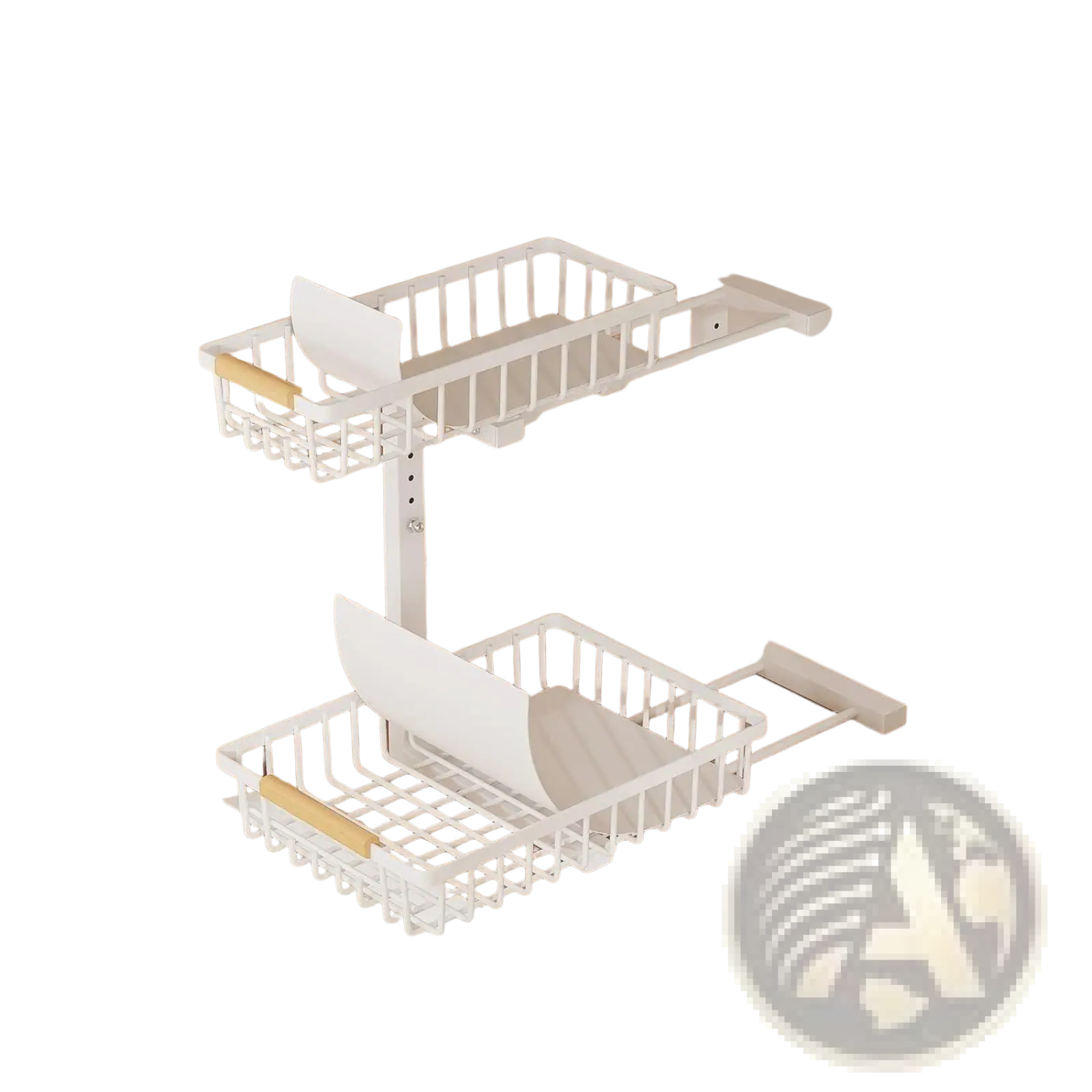 White metal l-shaped under sink organizer with two tier pull out rack and wooden handles adjustable height