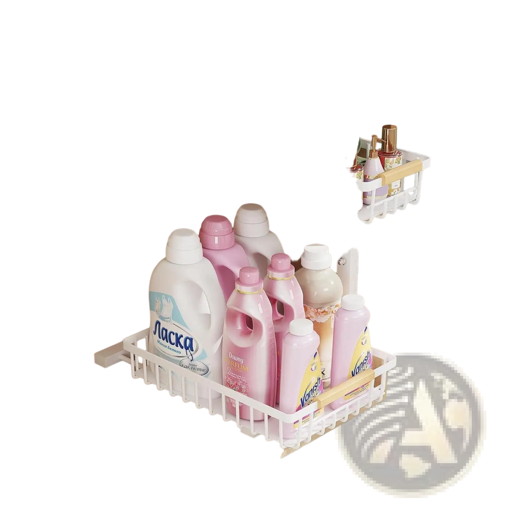 White two-tiered plastic under sink organizer with wooden handles and adjustable height in an l-shaped design