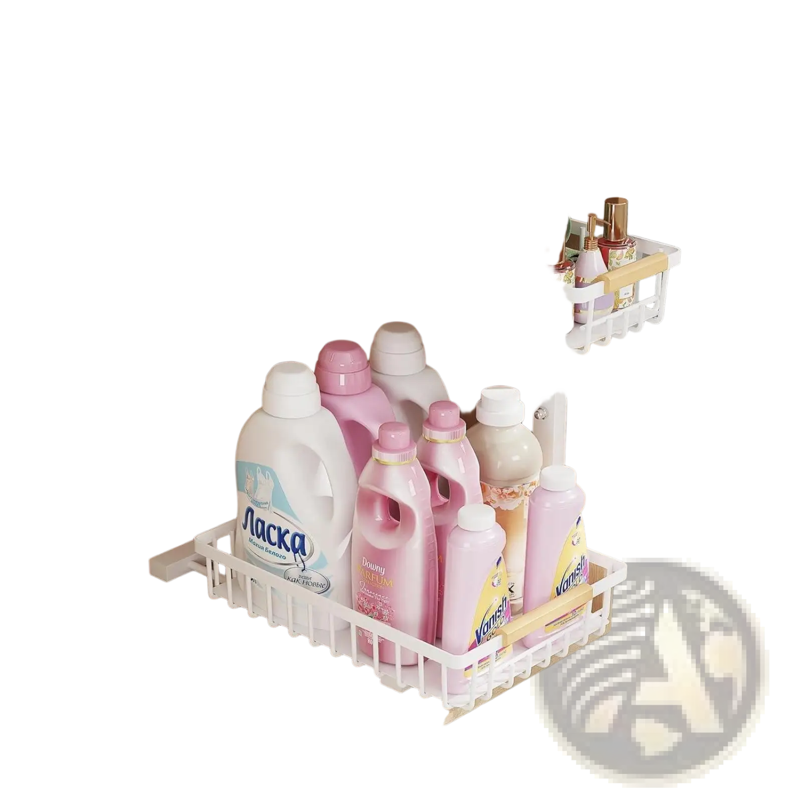 White two-tiered plastic under sink organizer with wooden handles and adjustable height in an l-shaped design