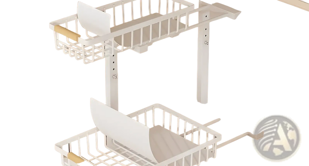 White metal two-tier dish rack with wooden handles for l-shaped under sink organizer adjustable height storage