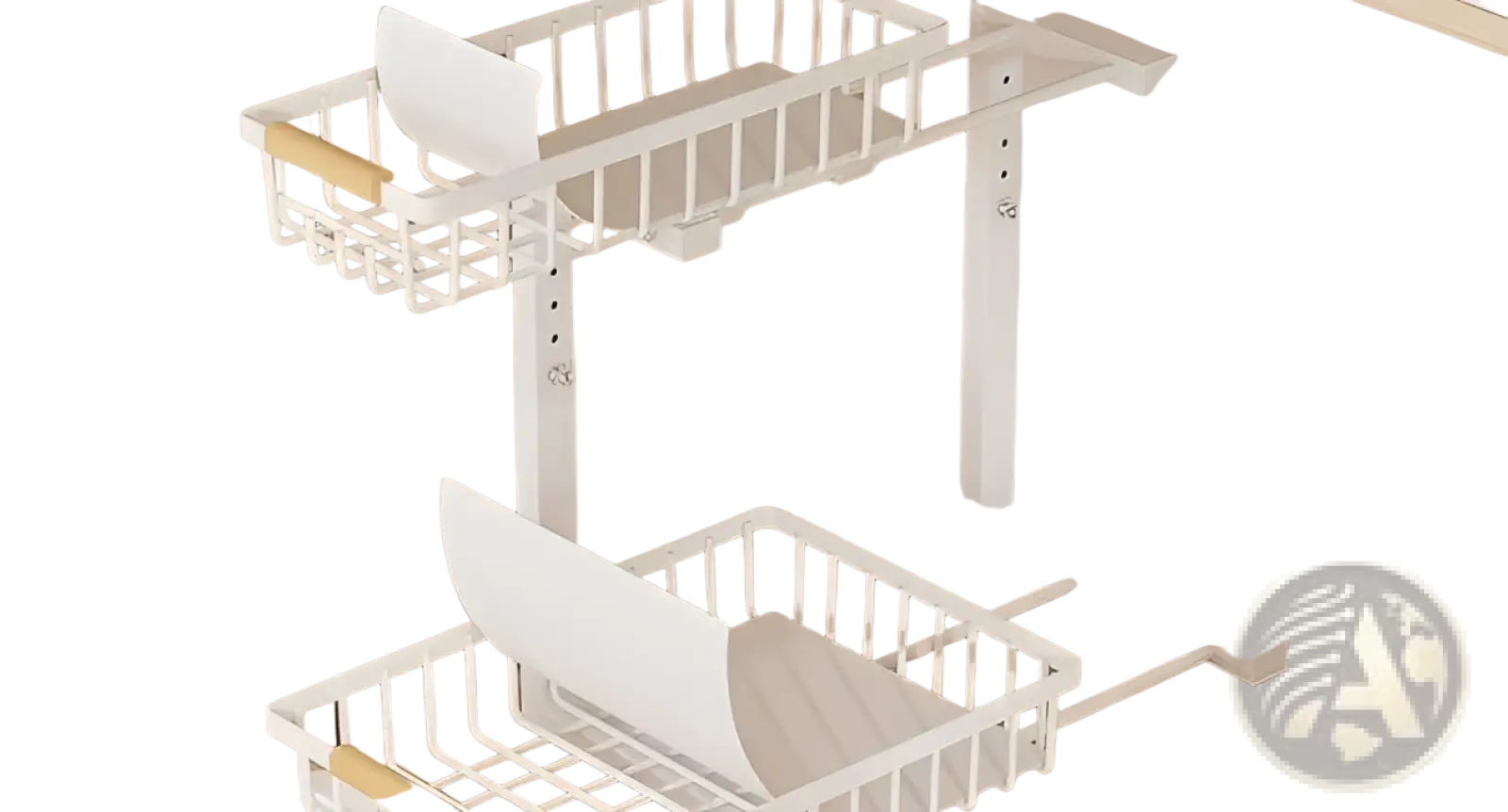 White metal two-tier dish rack with wooden handles for l-shaped under sink organizer adjustable height storage