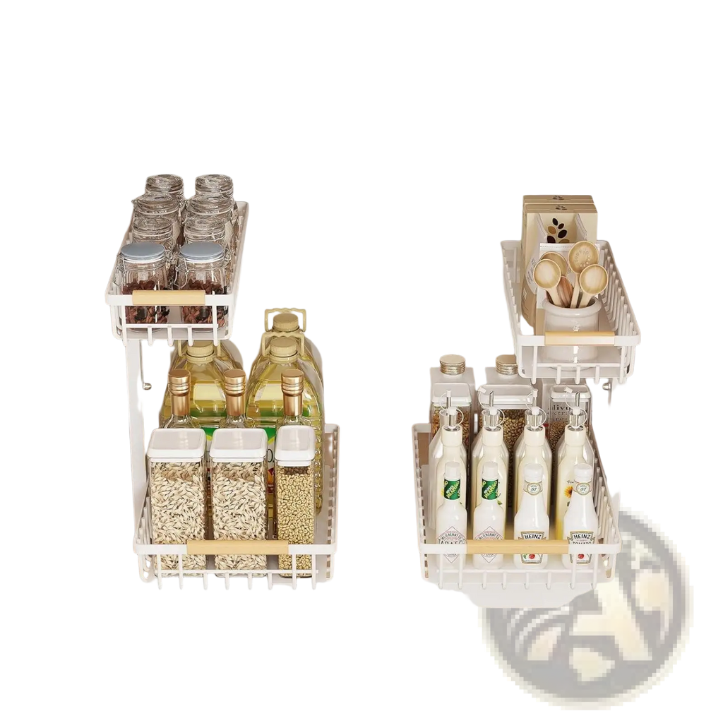 White two-tiered l-shaped under sink organizer with adjustable height wooden handles and wire mesh baskets