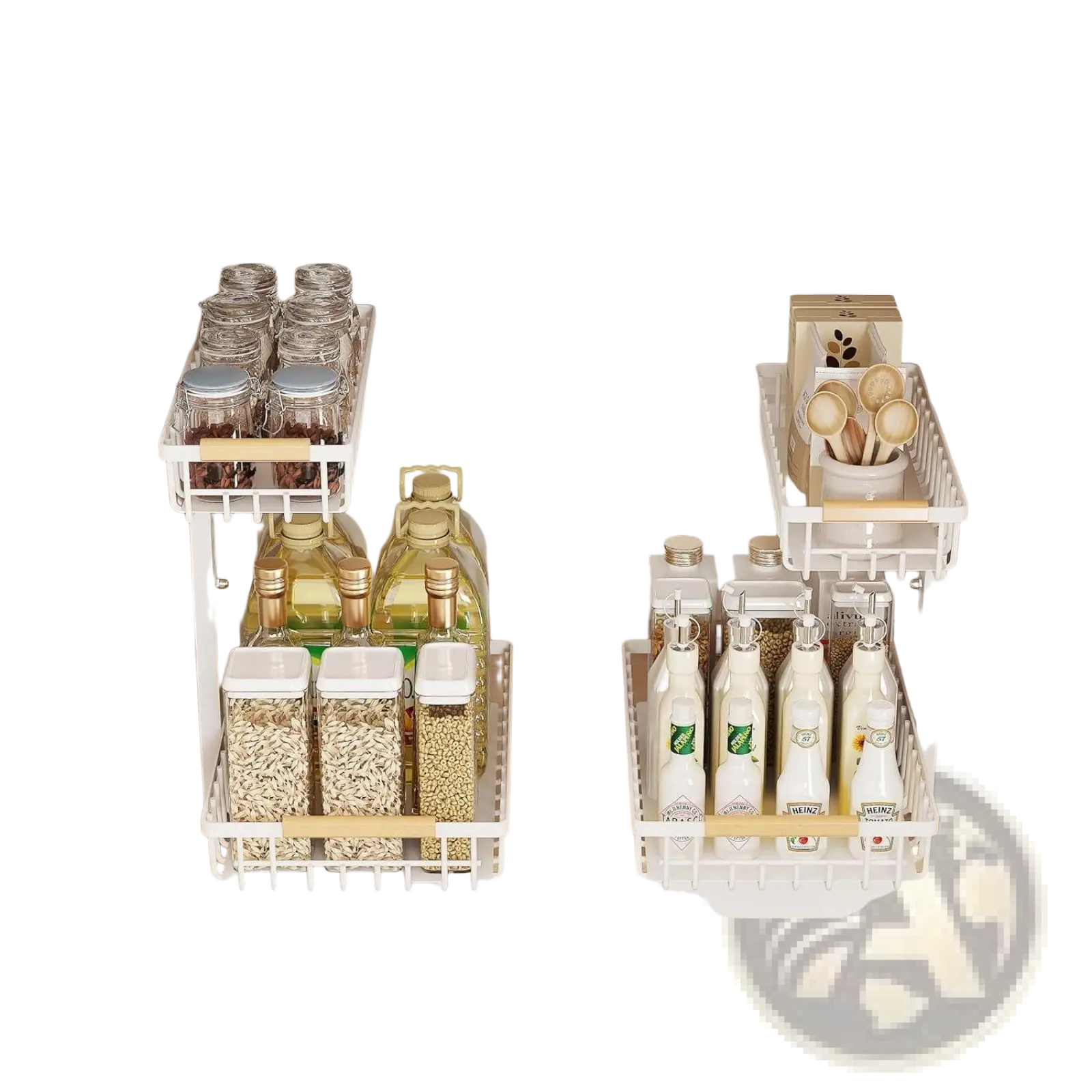 White two-tiered l-shaped under sink organizer with adjustable height wooden handles and wire mesh baskets