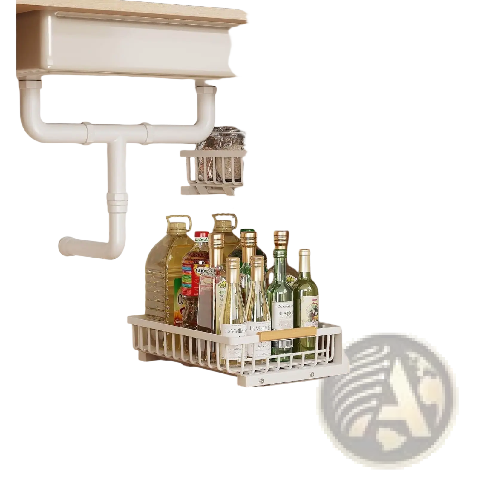 White metal l-shaped under sink organizer with adjustable height and wooden handles in a two-tiered design