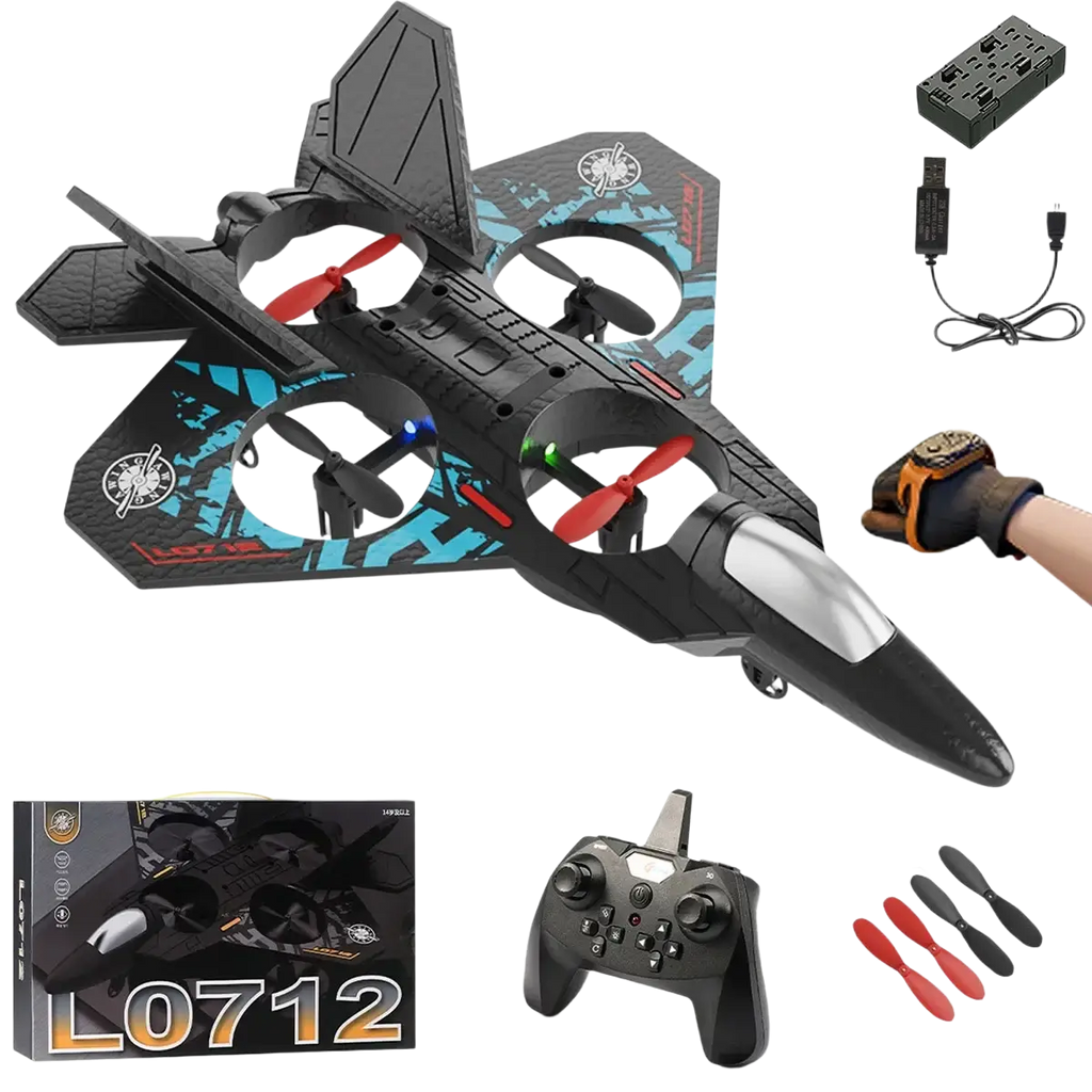 Black and blue l0712 rc plane foam remote control aircraft with red propellers designed as a fighter jet