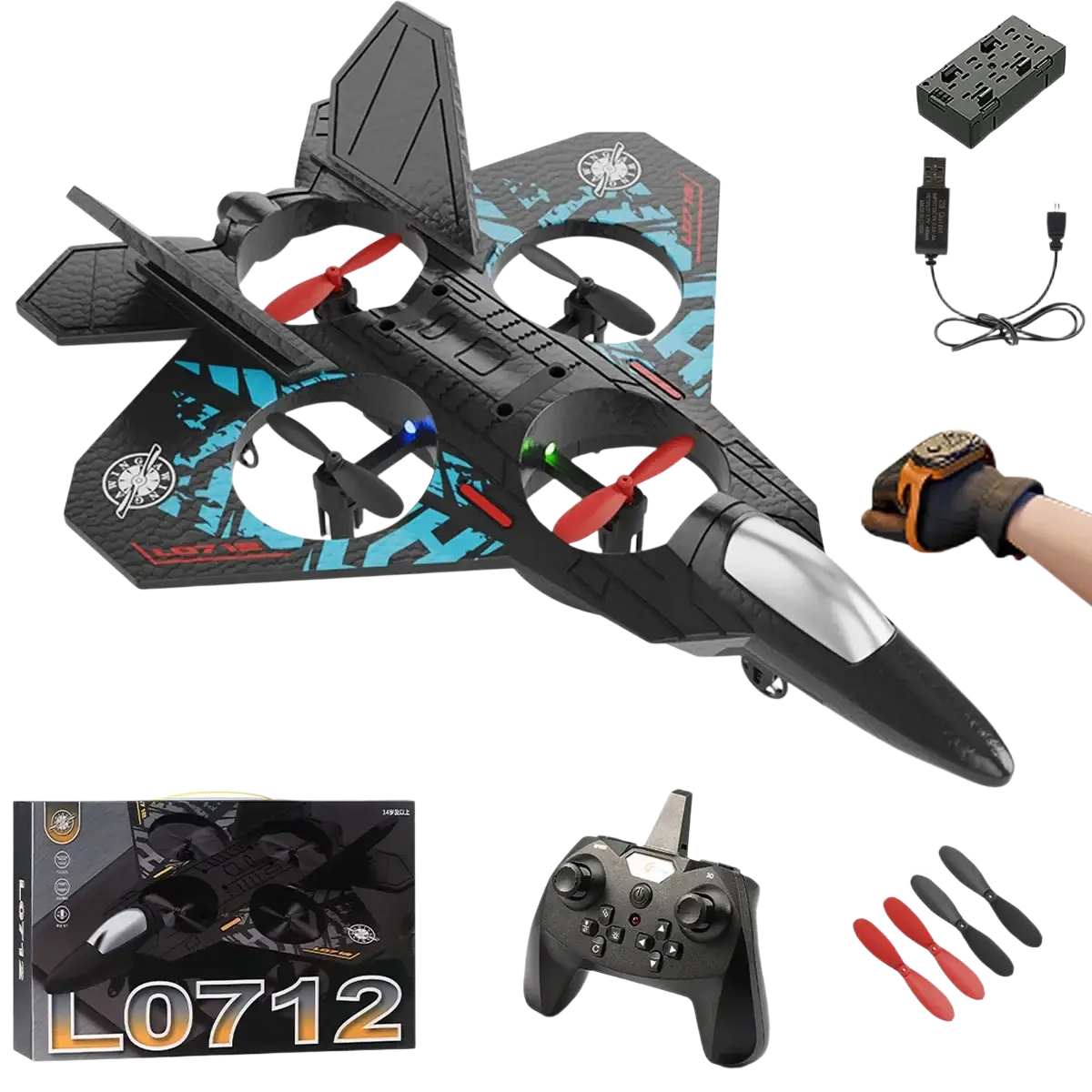 Black and blue l0712 rc plane foam remote control aircraft with red propellers designed as a fighter jet