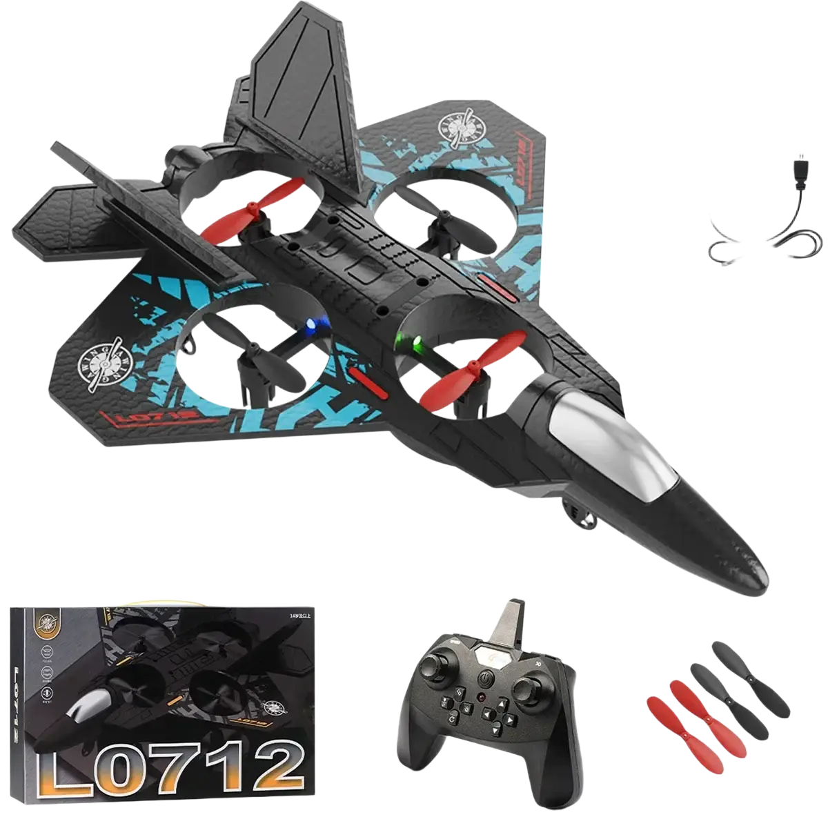 Black and blue foam l0712 rc plane remote control aircraft with red propellers designed like a fighter jet