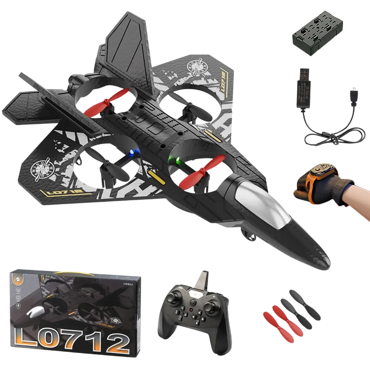Black and silver foam l0712 rc plane remote control aircraft with red green and blue propellers for flight use