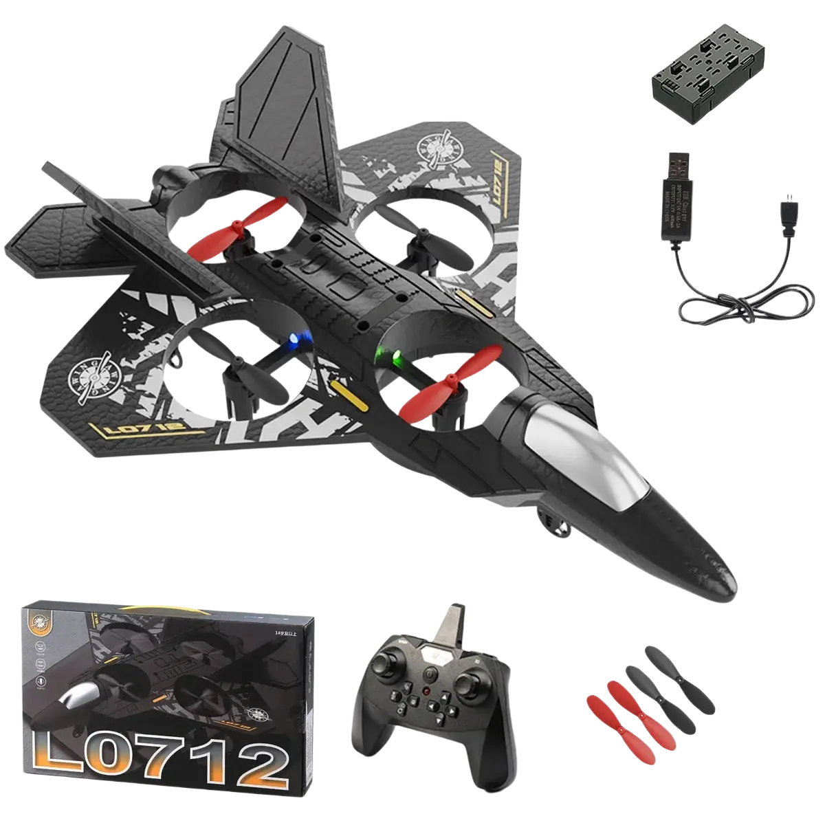 Black and silver l0712 rc plane remote control aircraft with red propellers and sleek aerodynamic foam design