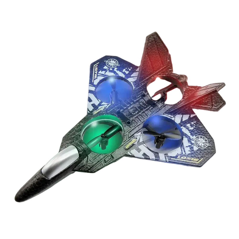 Black and white patterned l0712 rc plane foam remote control aircraft with glowing red blue and green led lights on rotors