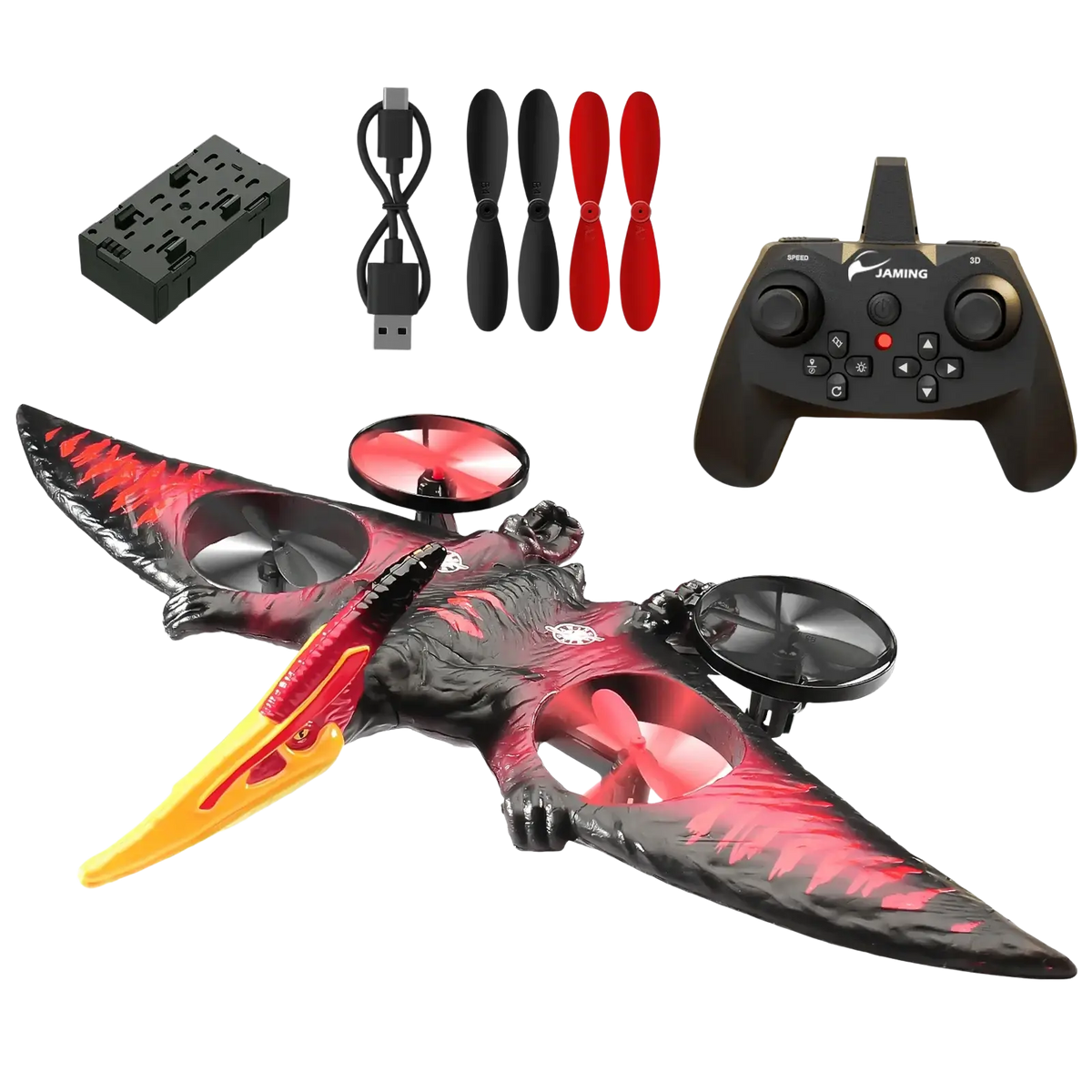 Red and black dinosaur-shaped remote control aircraft with yellow beak and four propellers l0712 rc plane foam model