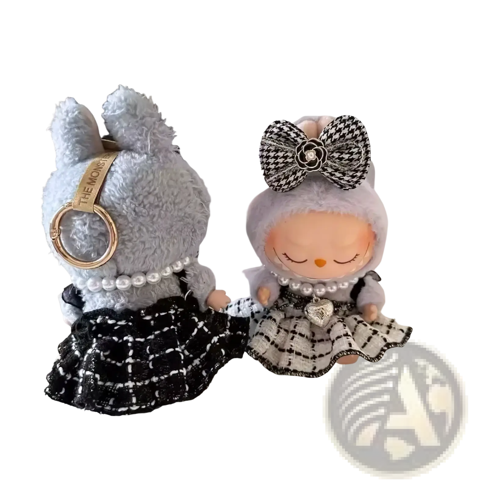Gray plush bunny keychain wearing labubu black and white plaid doll outfit set with pearl necklace and gold ring