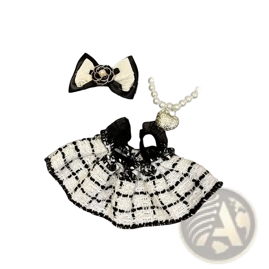 Labubu black and white plaid doll outfit set featuring a tweed mini skirt with lace trim in black and white colors