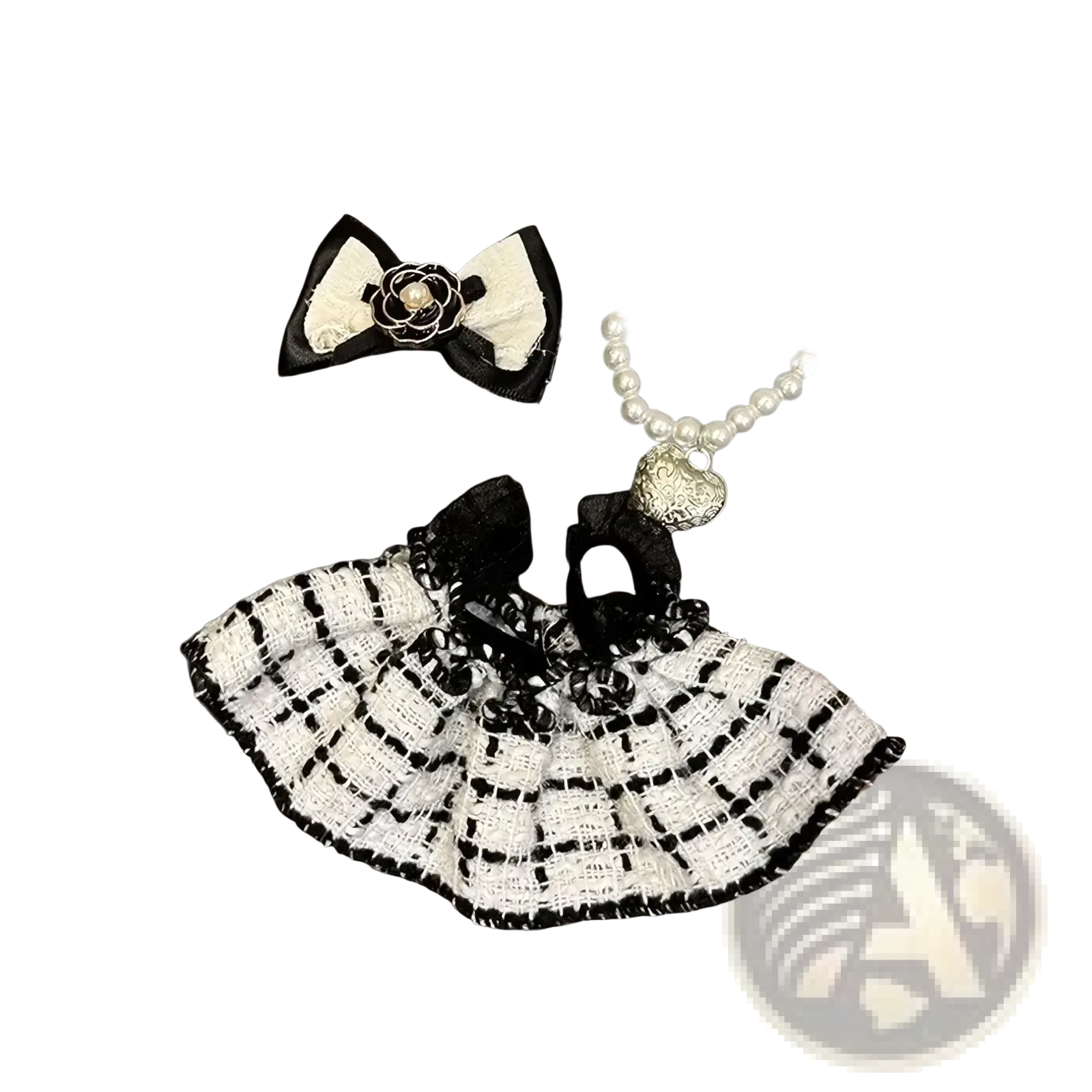 Labubu black and white plaid doll outfit set featuring a tweed mini skirt with lace trim in black and white colors