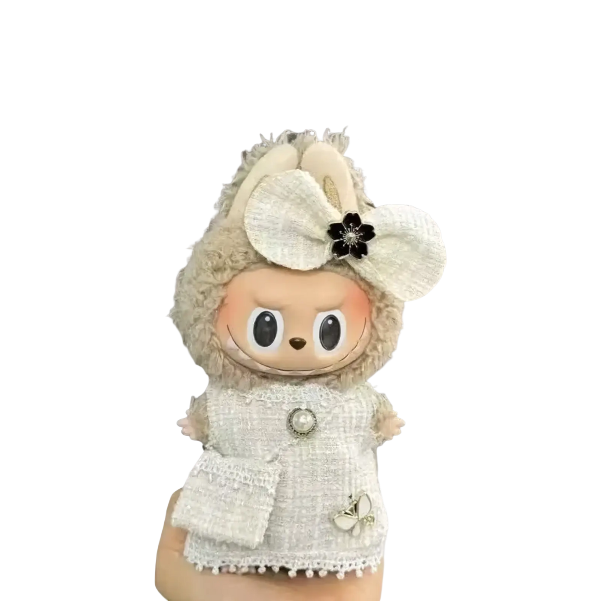 A plush cream-colored bunny doll dressed in a textured tweed outfit with lace trim and decorative buttons from labubu black and white plaid doll outfit set