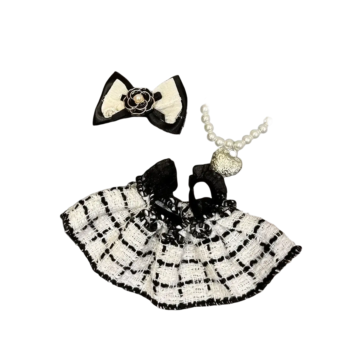 Labubu black and white plaid doll outfit set featuring a tweed mini skirt with lace trim in black and white colors
