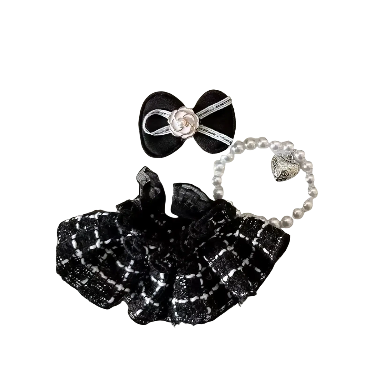 Labubu black and white plaid tweed mini skirt with ruffled frilly design in doll outfit set front view