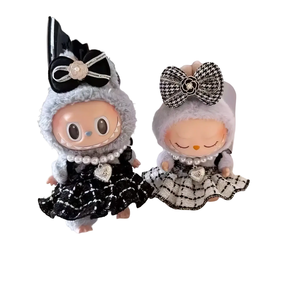 Two plush dolls wearing labubu black and white plaid doll outfit set featuring fluffy gray hood and houndstooth dress