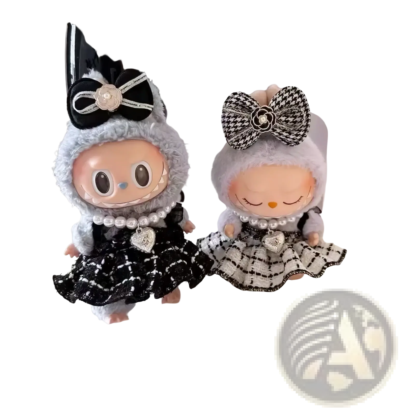 Two plush dolls wearing labubu black and white plaid doll outfit set featuring fluffy gray hood and houndstooth dress