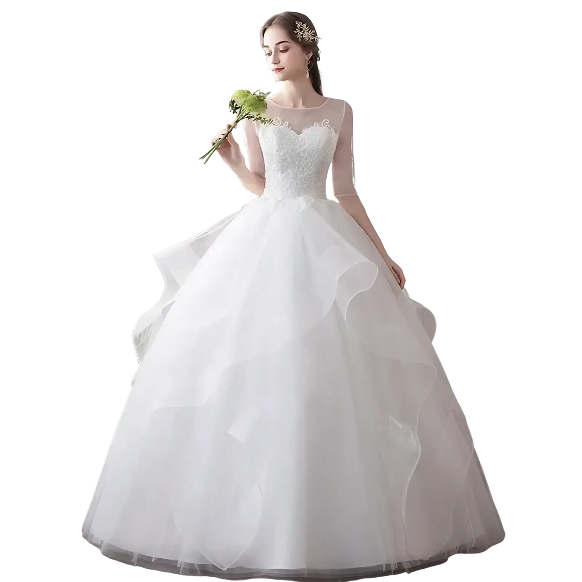 Elegant white lace ball gown wedding dress with long sleeves and flowing tulle skirt in plus size design