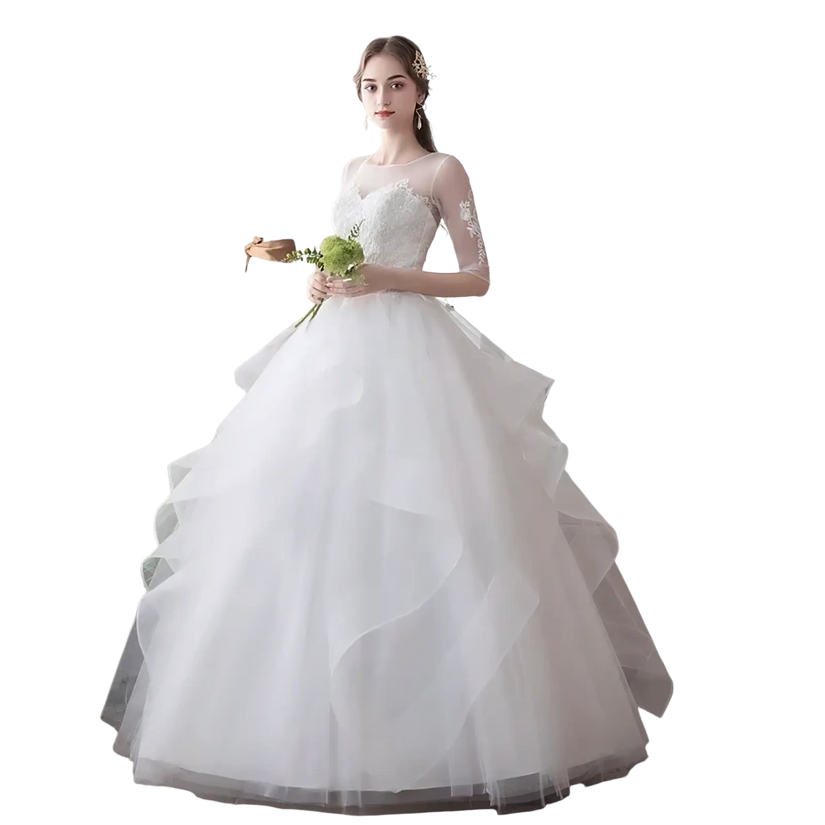 White lace ball gown wedding dress with sheer lace bodice long sleeves and tiered tulle skirt plus size